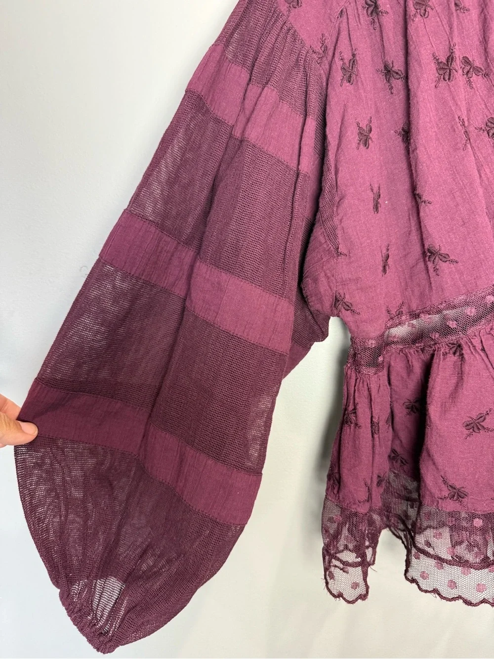 Free‎ People Nostalgic Feels Burgundy Embroidered Peplum Blouse M